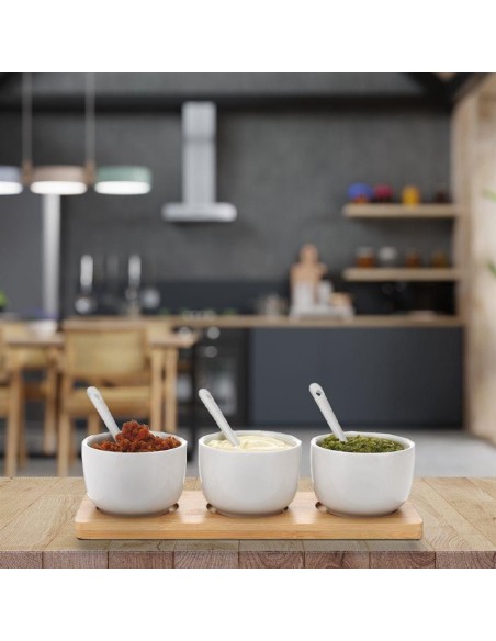 Essentiel - Set de 3 bols en porcelaine avec cuillères sur plateau