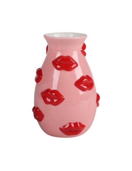 Vase Rose Décoratif Motifs Bouches Rouges 18 cm