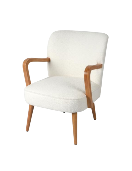 AUSTIN – Fauteuil en bouclette écru avec accoudoirs bois 63x70xH79 cm