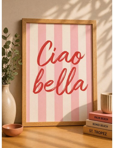 Affiche Ciao Bella rayures roses 30x40 cm | Déco moderne
