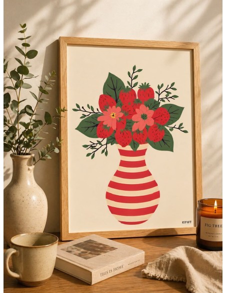 Affiche fraises fleurs vase 30x40 déco murale colorée France