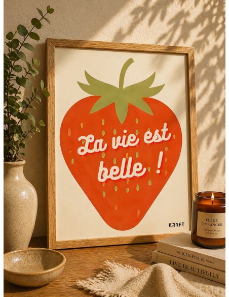 Affiche fraise La vie est belle 30x40 déco murale fun