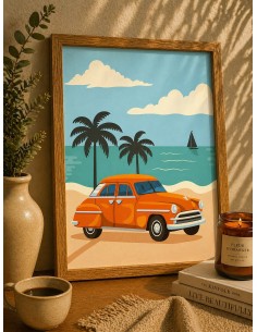 Affiche vacances vintage voiture déco bord de mer 30x40