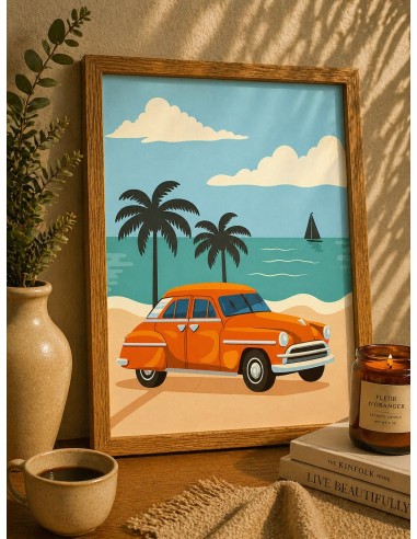 Affiche vacances vintage voiture déco bord de mer 30x40