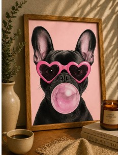 Affiche bouledogue pop lunettes coeur chewing gum deco fun 30x40