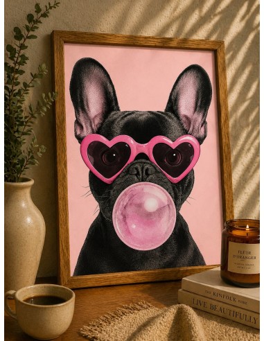 Affiche bouledogue pop lunettes coeur chewing gum deco fun 30x40