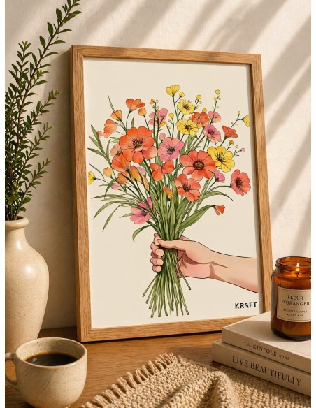 Affiche bouquet fleurs illustration deco murale douce 30x40