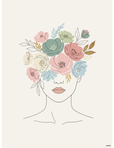 Affiche Femme Fleurie Minimaliste 30x40 – Décoration florale pastel
