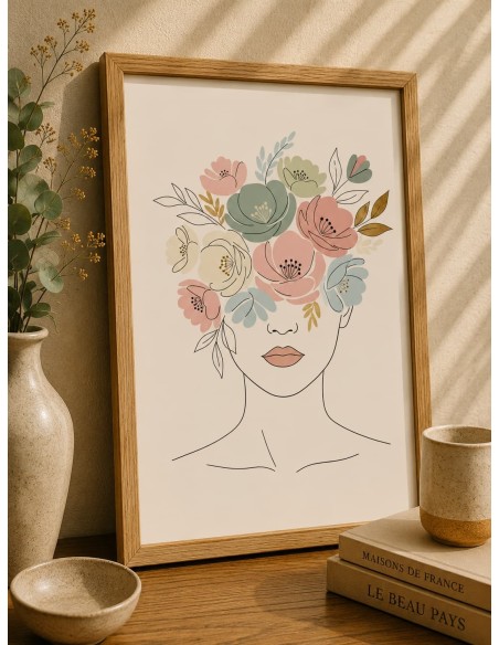 Affiche Femme Fleurie Minimaliste 30x40 – Décoration florale pastel