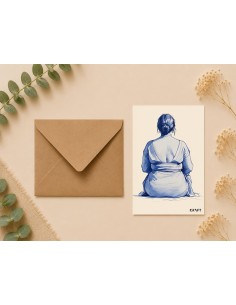 Carte illustration féminine bleue 10x15 avec enveloppe kraft