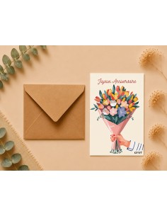 Carte Joyeux Anniversaire bouquet fleuri avec enveloppe kraft
