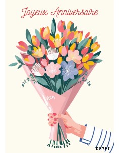 Carte Joyeux Anniversaire bouquet fleuri avec enveloppe kraft 2