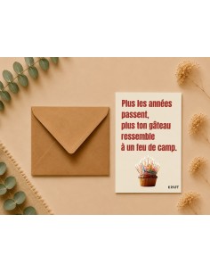 Carte anniversaire humour feu de camp avec enveloppe kraft