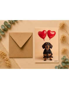 Carte Teckel Ballons Cœur KRAFT avec Enveloppe 10x15